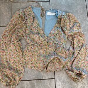 Astr Yellow and Pink Puff Sleeve Blouse with Ruffled Tie Front